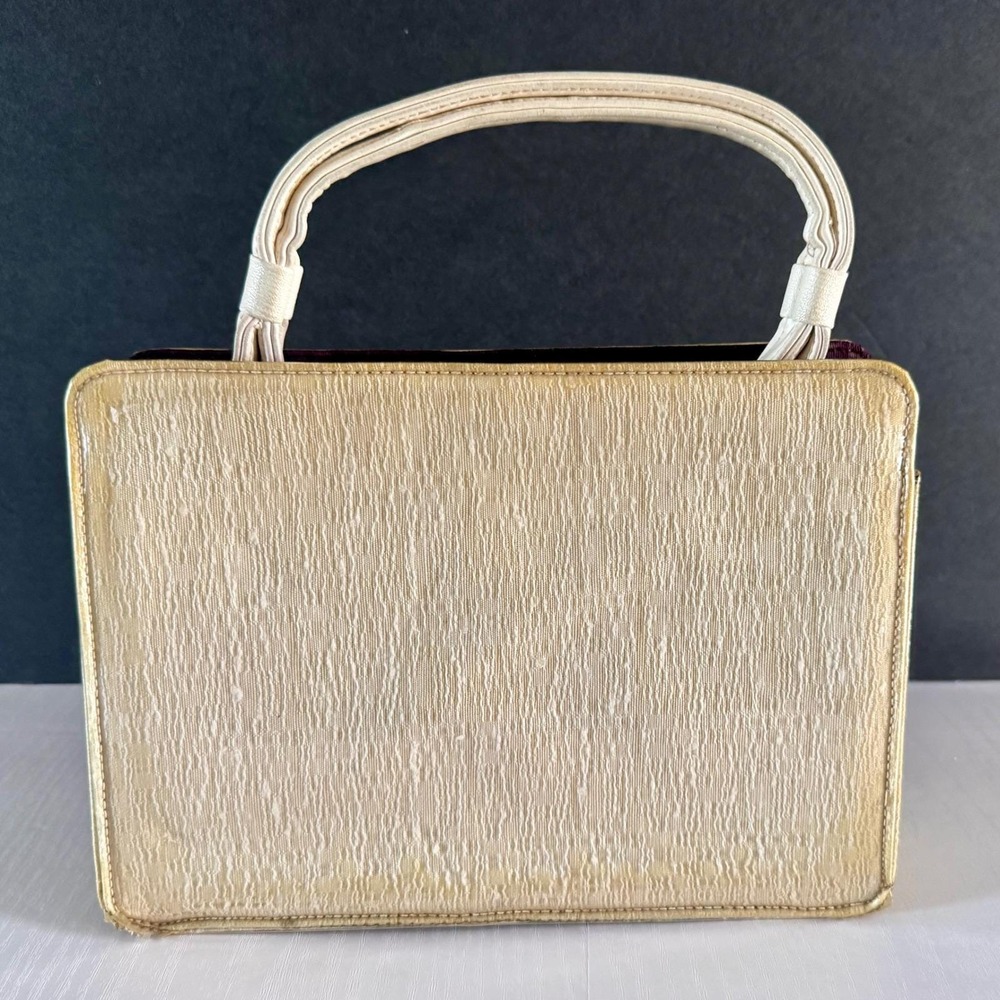 Vintage 1960s Fabrique Handbag Beige Needlepoint Floral Beaded Top Handle Purse - Picture 4 of 13